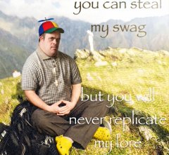 A man in a propeller beanie sitting on a grassy hillside, with overlaid script text: you can steal my swag but you can never replicate my drive