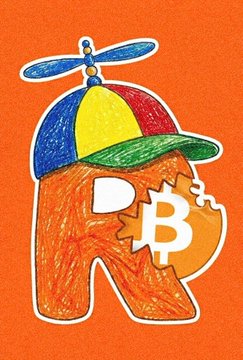 The $RETARD logo: a letter R scribbled in orange crayon wearing a rainbow propeller beanie, with a white sticker outline, biting a Bitcoin