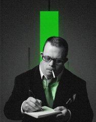 A serious man in glasses and suit writing in a small notebook, a green rectangle glowing behind him